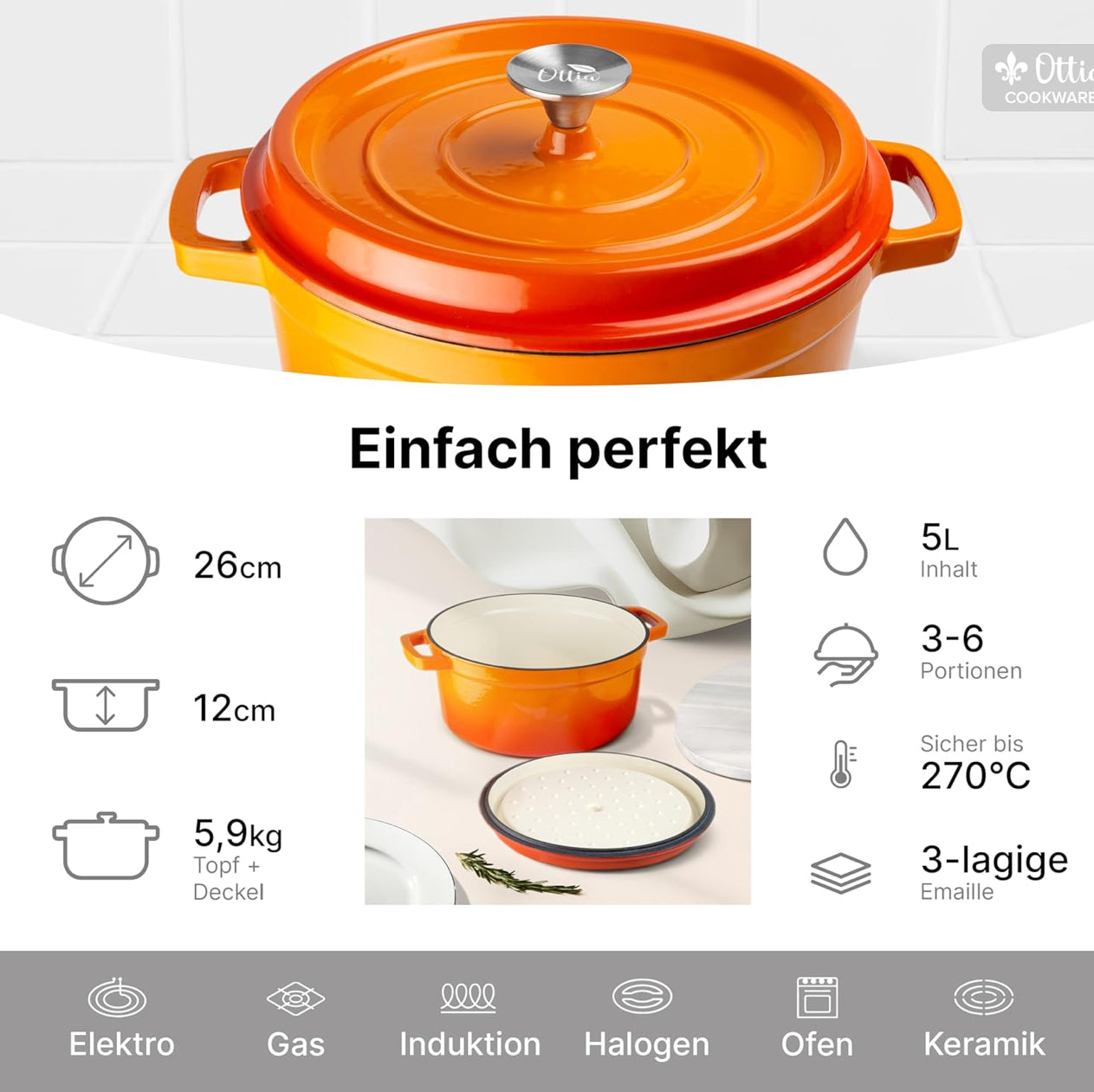 Oală din Fontă Emailată, 3 Straturi, 26 cm, 5 Litri