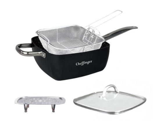 Set Tigaie Multifuncțională 4 Piese – 24 x 24 x 9,5 cm – Compatibilă cu Inducție, Antiaderentă, Rezistentă la Zgârieturi, cu Capac, Coș și Grătar pentru Gătit la Abur