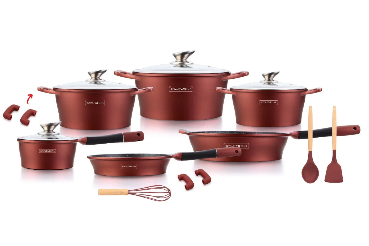 **Set de Vase de Gătit 17 Piese - Marmor Antiaderent cu Mânere Detasabile, Compatibil cu Toate Tipurile de Plite, Inclusiv Inducție**