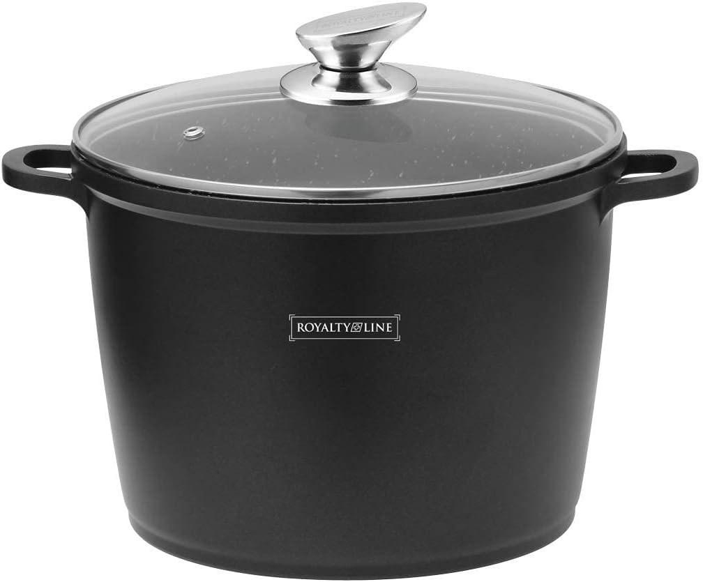 Royalty Line - Oală cu capac din sticlă, antiaderentă, potrivită pentru inducție, neagră, 7 litri, 24 cm.