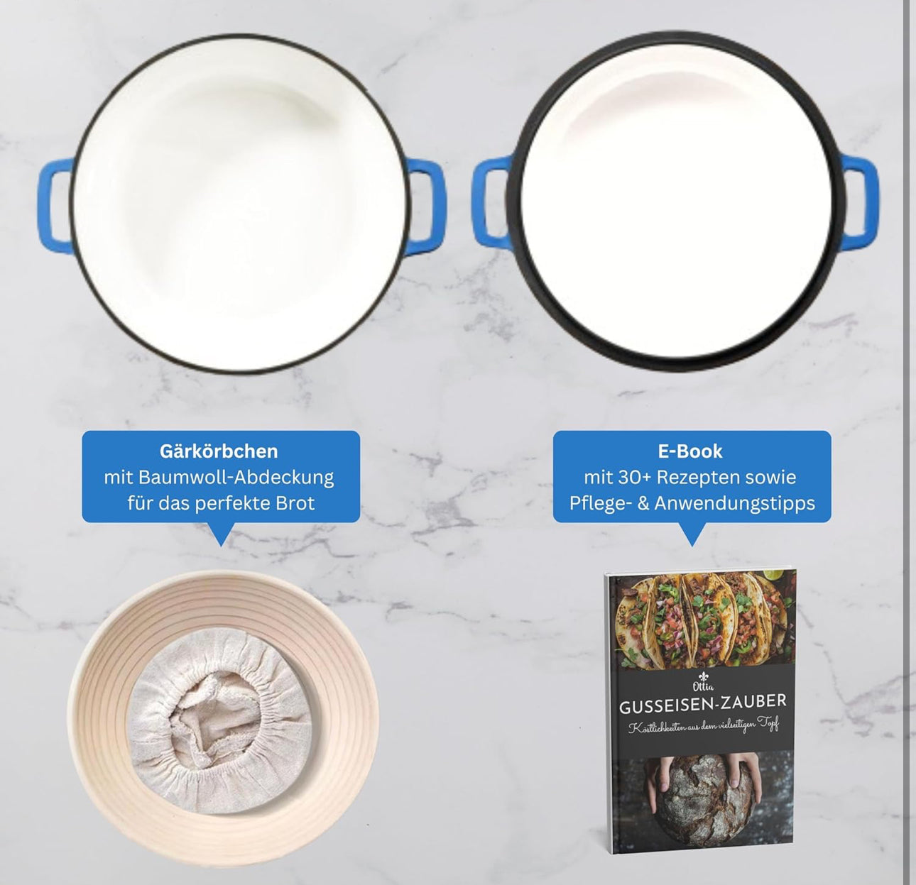 Oală din Fontă chit 2 în 1 cu capac tip tigaie 4,5 L + 1,8L cu coș pentru dospit 🍳