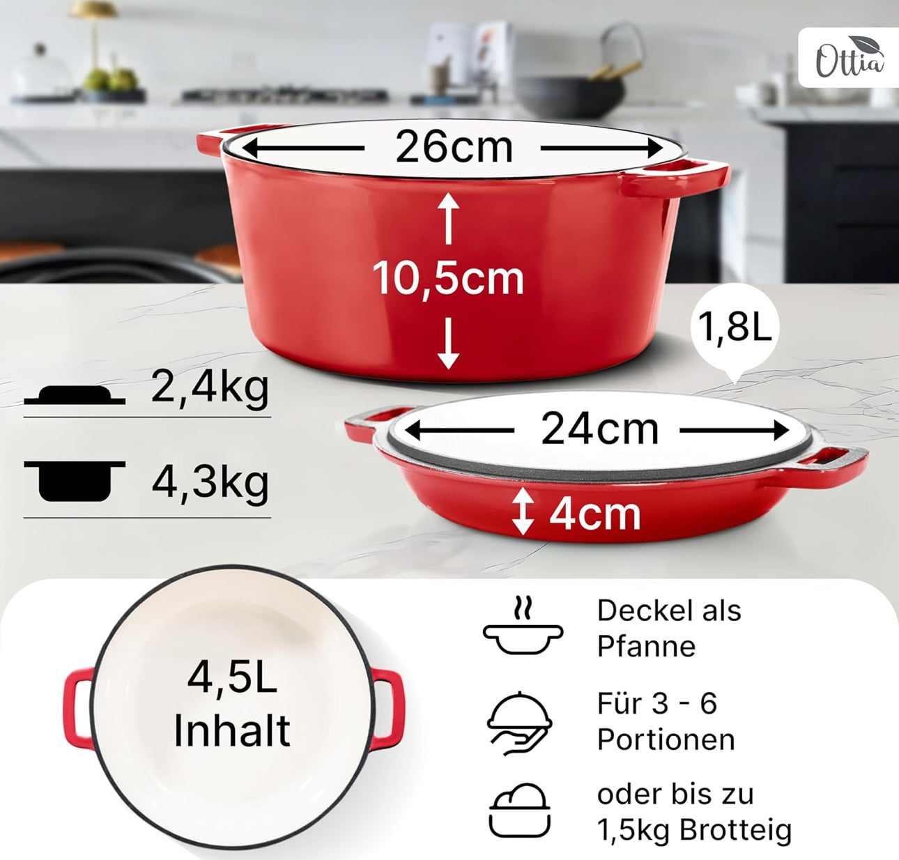 Oala din fontă Ottia, 4,5L, cu capac tip tigaie roșie și coș pentru dospit , rezistentă la 270°C, potrivită pentru orice cuptor și plită, inclusiv inducție.