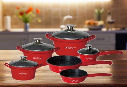 Set Diamant Rosu Tigăi și Oale 12 Piese cu Capace din Sticlă – Aluminiu Turnat, Antiaderent, Potrivit pentru Inducție și Toate Tipurile de Plite