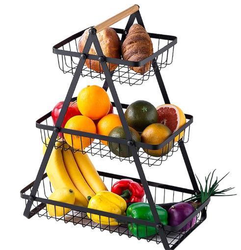 MaxEarn Coș Etajat din Metal cu 3 Niveluri – Coș Fructe și Legume cu Mâner din Lemn, Detasabil, Mare Capacitate, Ideal pentru Bucătărie, Baie sau Birou