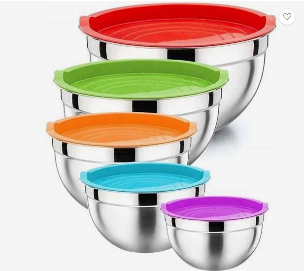 Set 5 Boluri Inox – Cu Capace din Silicon Colorat, Stivuibile, Anti-Alunecare