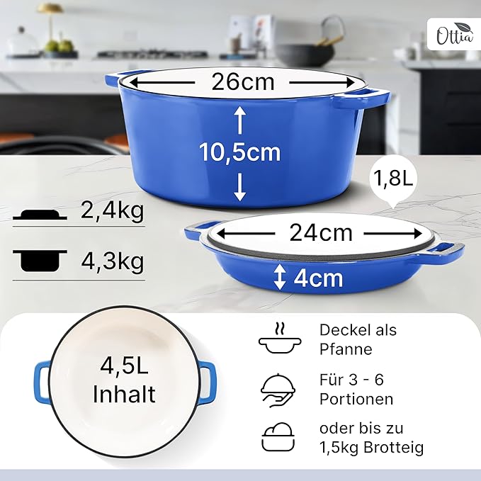 Oală din Fontă chit 2 în 1 cu capac tip tigaie 4,5 L + 1,8L cu coș pentru dospit 🍳
