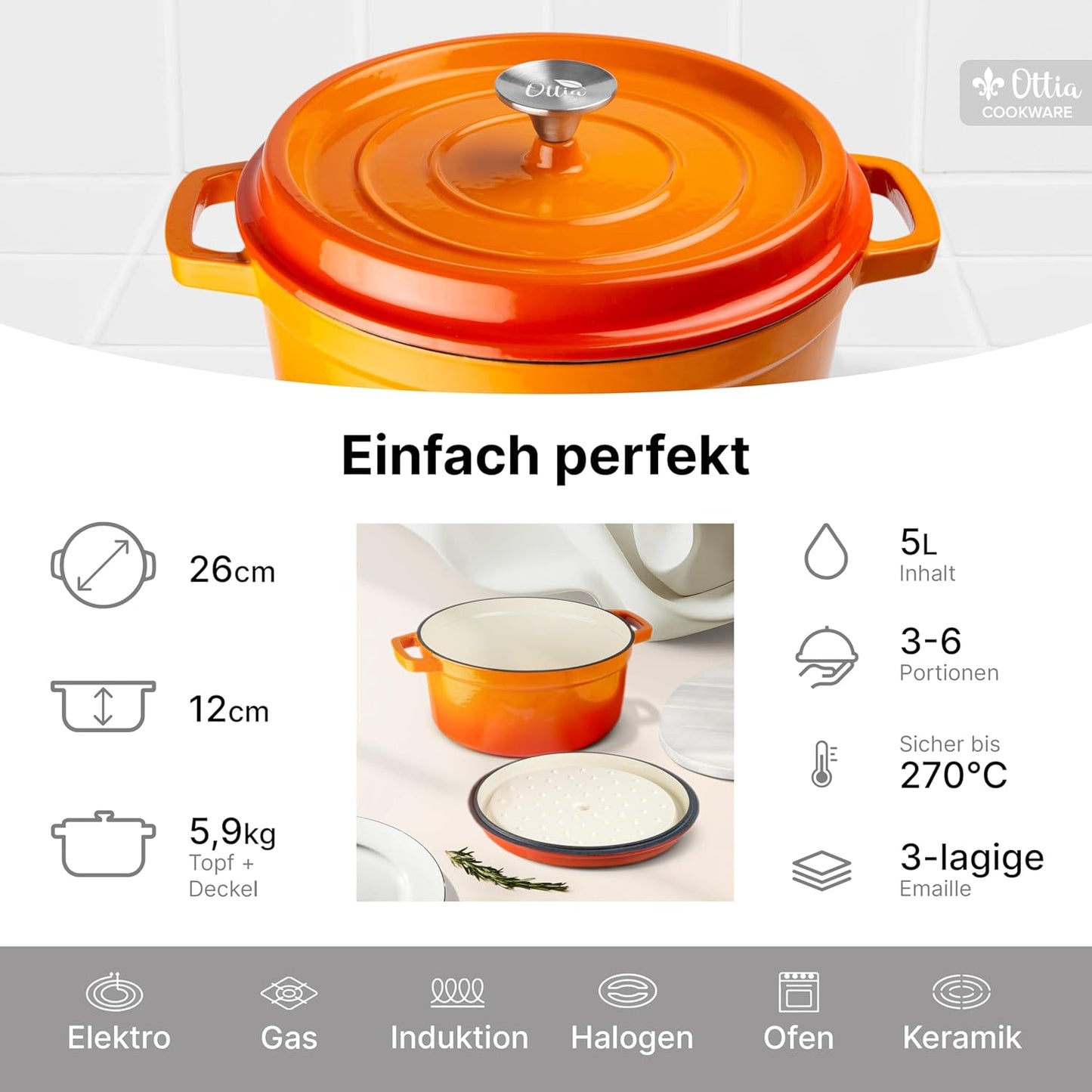 Oală din Fontă Emailată, 3 Straturi, 26 cm, 5 Litri