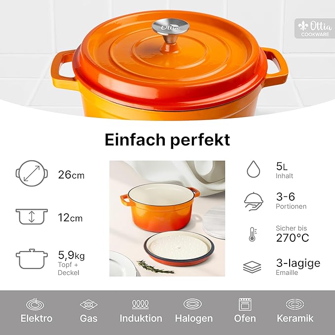 Oală din Fontă Emailată, 3 Straturi, 26 cm, 5 Litri