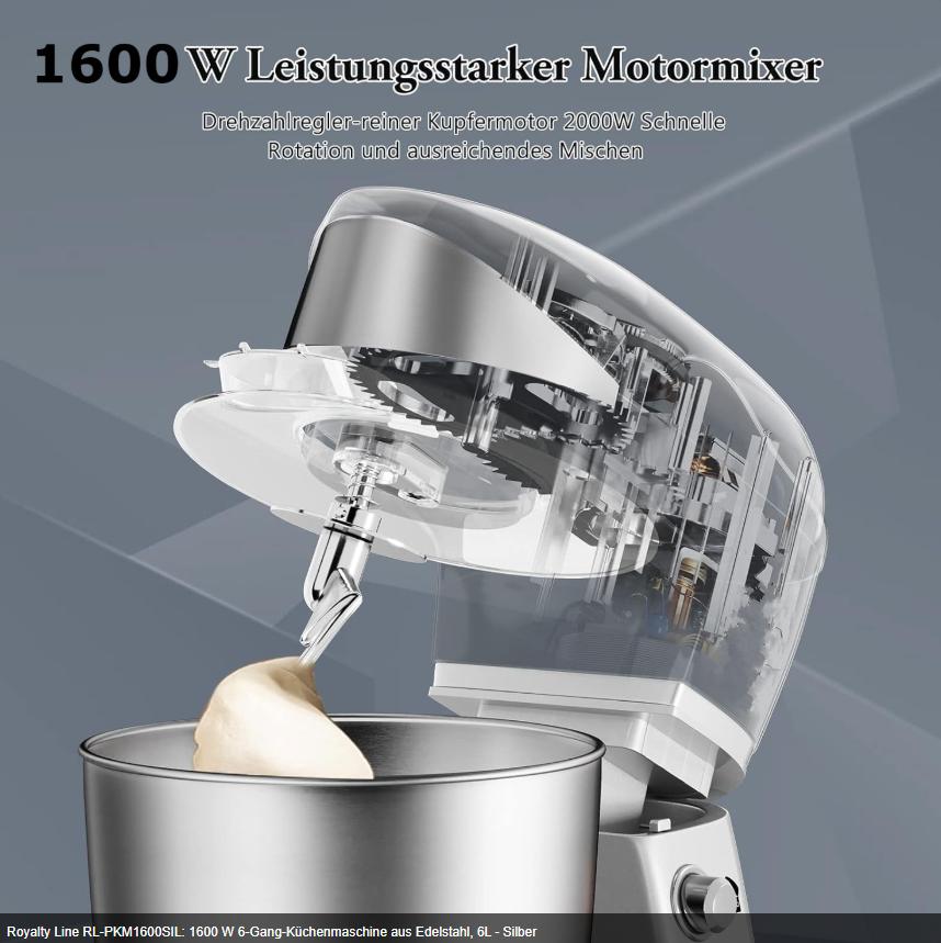 Royalty Line PKM-1600.6 – Robot de Bucătărie Profesional, 1600W, 6L, Gri