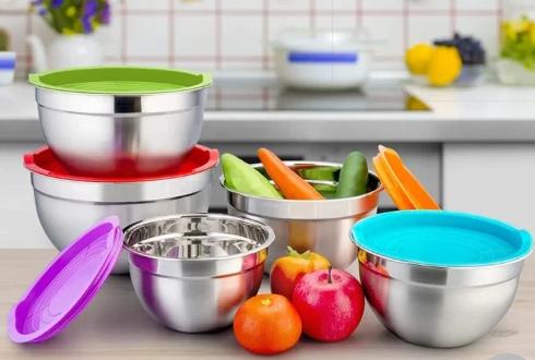 Set 5 Boluri Inox – Cu Capace din Silicon Colorat, Stivuibile, Anti-Alunecare