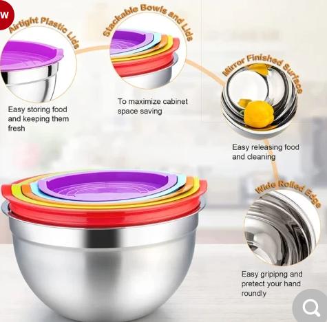 Set 5 Boluri Inox – Cu Capace din Silicon Colorat, Stivuibile, Anti-Alunecare