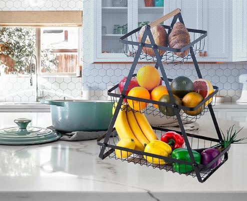 MaxEarn Coș Etajat din Metal cu 3 Niveluri – Coș Fructe și Legume cu Mâner din Lemn, Detasabil, Mare Capacitate, Ideal pentru Bucătărie, Baie sau Birou