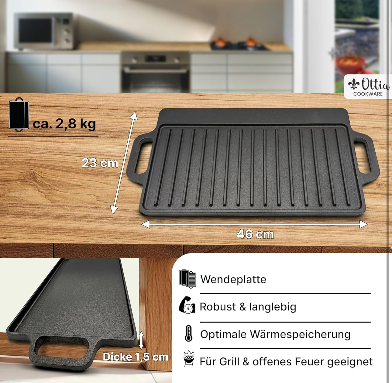 Placă de Grătar din Fontă Ottia M (46 cm x 23 cm) - Utilizabilă pe Inducție, Cuptor și Toate Tipurile de Plite**