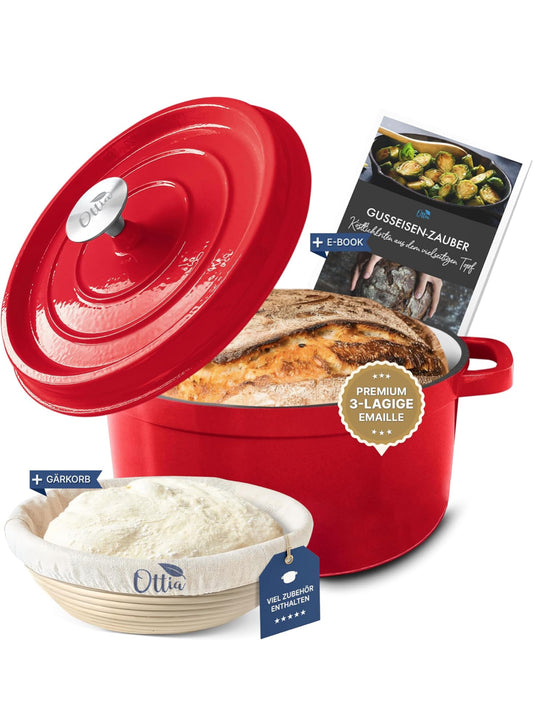 OTTIA Oală din Fontă Emailată 26cm –5L  cu Capac, pentru Inducție și Toate Tipurile de Plite, Emailată cu coș pentru dospit