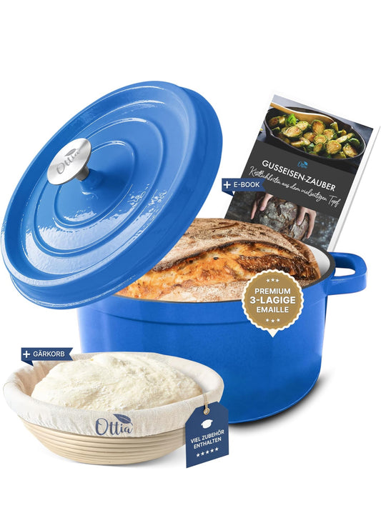 **Oală din Fontă Emailată în 3 Straturi – Capacitate 5 Litri  cu coș pentru dospit – Compatibilă cu Toate Tipurile de Aragaz și Cuptor**