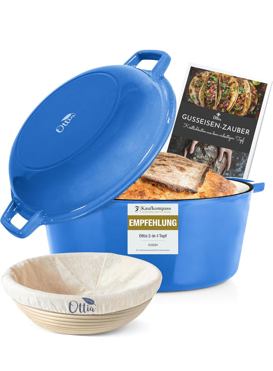 Oală din Fontă chit 2 în 1 cu capac tip tigaie 4,5 L + 1,8L  cu coș pentru dospit 🍳