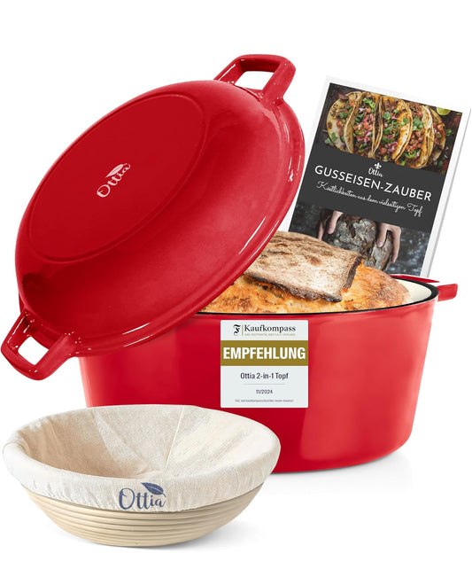 Oala din fontă Ottia, 4,5L,  cu capac tip tigaie roșie și coș pentru dospit , rezistentă la 270°C, potrivită pentru orice cuptor și plită, inclusiv inducție.