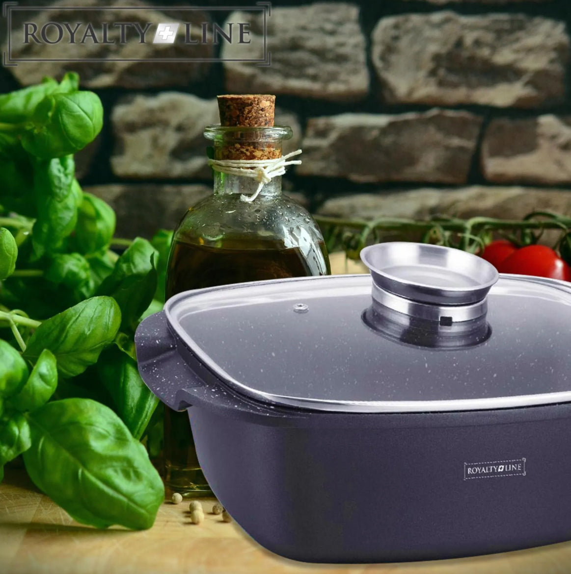 Royalty Line - Oală cu capac din sticlă, antiaderentă, potrivită pentru inducție, neagră, 5 litri, 32 cm.