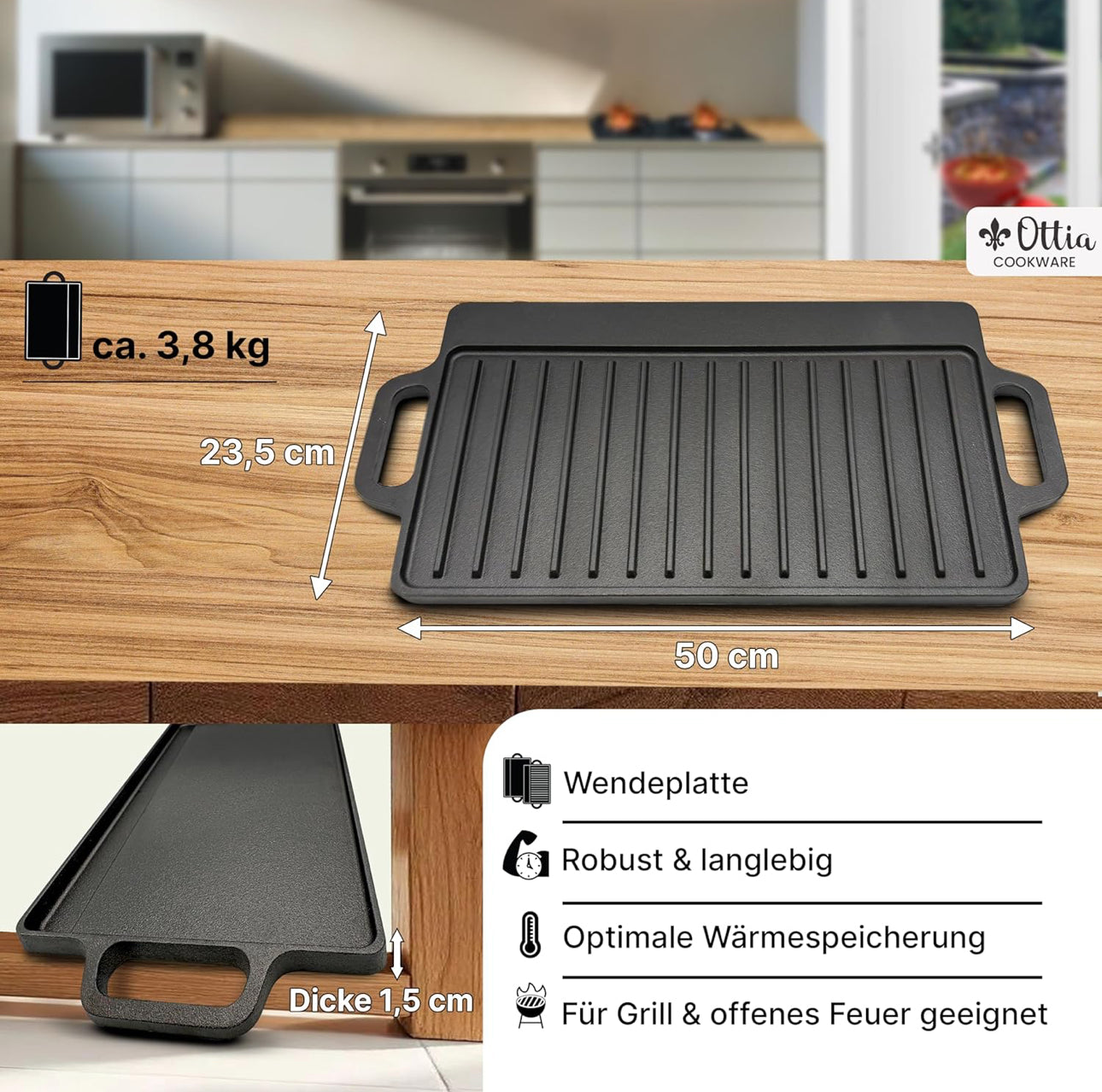 **Placă de Grătar din Fontă Ottia L (50 cm x 23,5 cm) - Utilizabilă pe Inducție, Cuptor și Toate Tipurile de Plite**