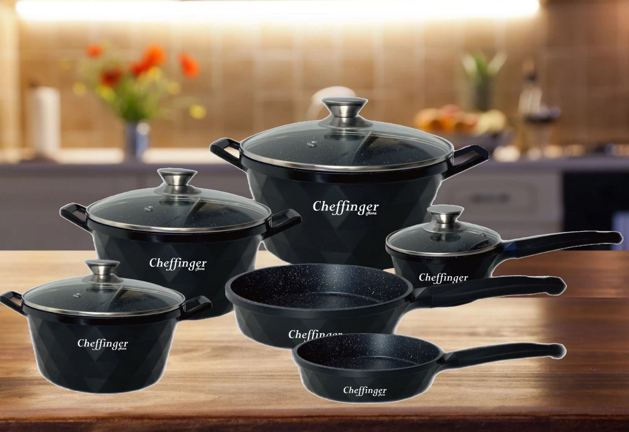 Set Diamant Negru Tigăi și Oale 12 Piese cu Capace din Sticlă – Aluminiu Turnat, Antiaderent, Potrivit pentru Inducție și Toate Tipurile de Plite