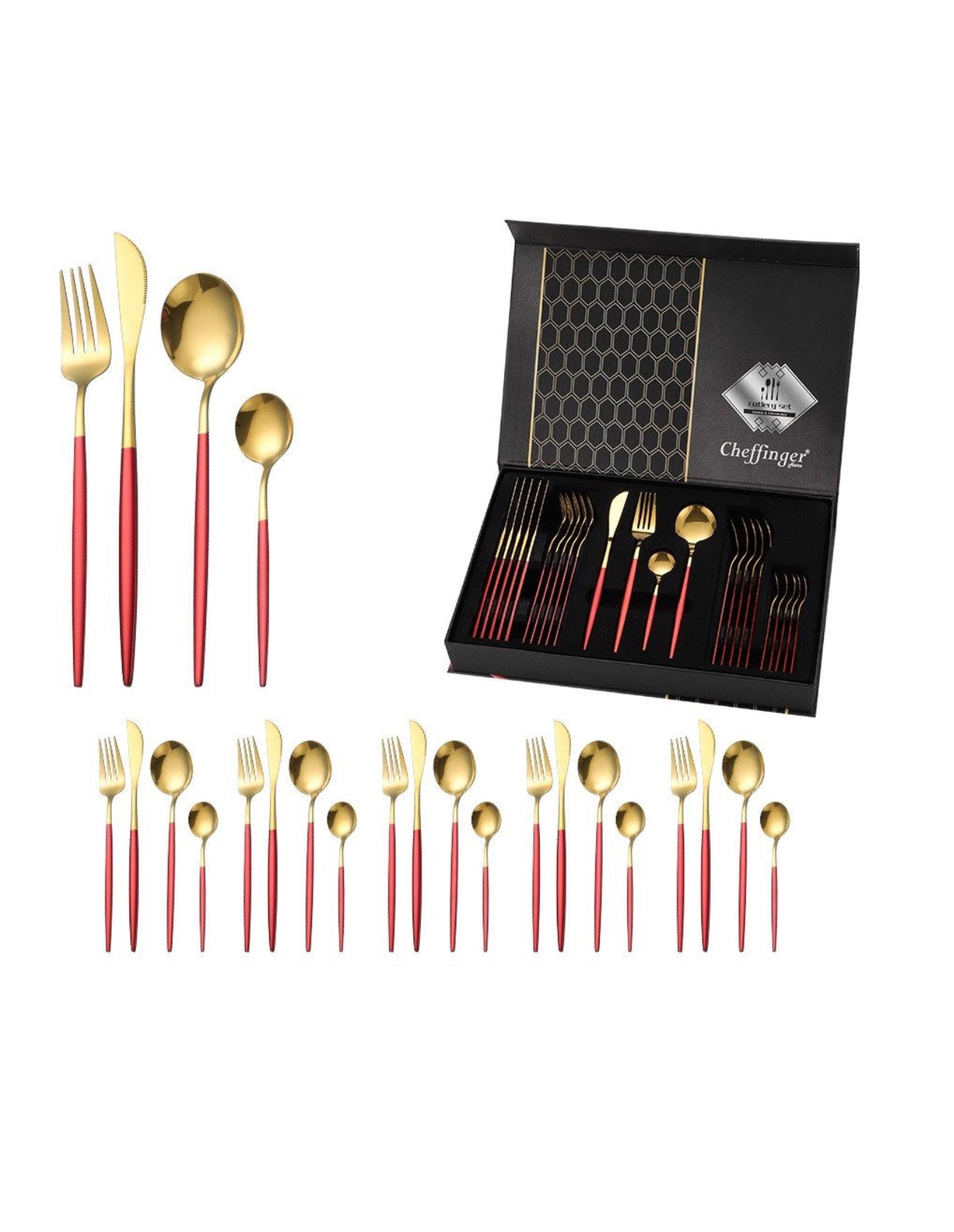 Set tacâmuri 24 piese – Roșu & Auriu | Oțel inoxidabil 18/10