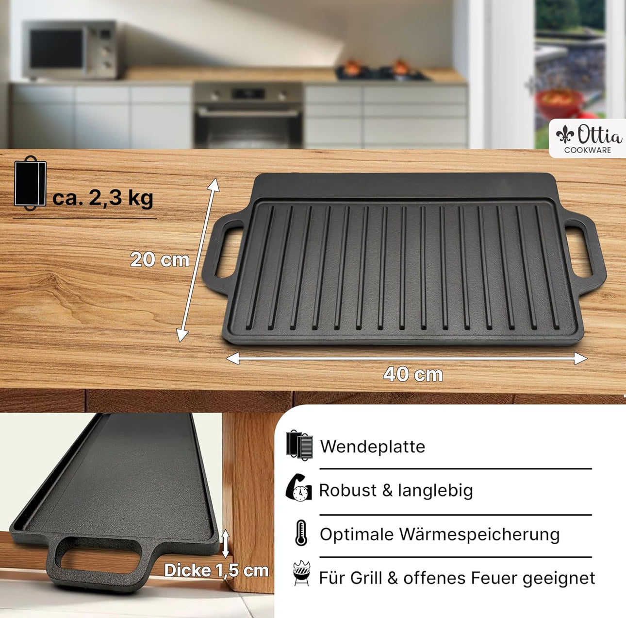 Placă de Grătar din Fontă Ottia S (40 cm x 20 cm) - Utilizabilă pe Inducție, Cuptor și Toate Tipurile de Plite**