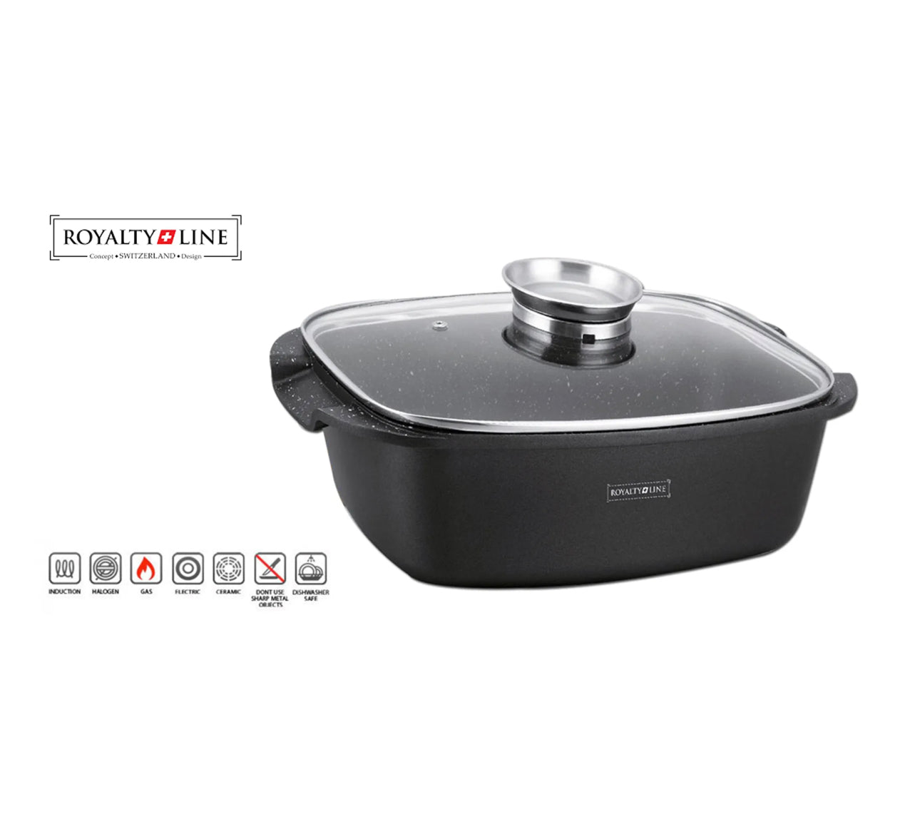 Royalty Line - Oală cu capac din sticlă, antiaderentă, potrivită pentru inducție, neagră, 5 litri, 32 cm.
