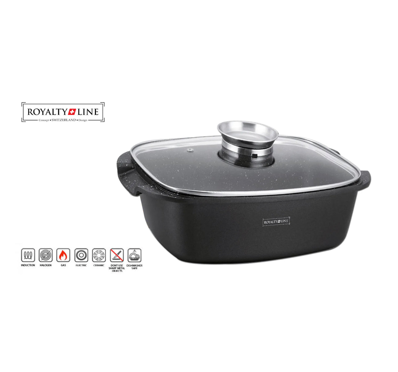 Royalty Line - Oală cu capac din sticlă, antiaderentă, potrivită pentru inducție, neagră, 5 litri, 32 cm.