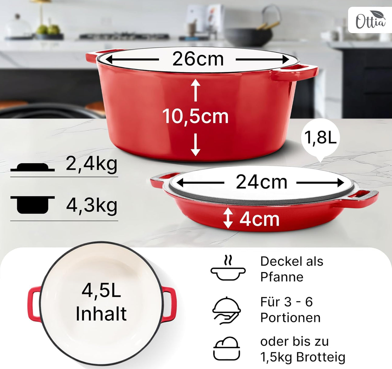 Oala din fontă Ottia, 4,5L, cu capac tip tigaie roșie și coș pentru dospit , rezistentă la 270°C, potrivită pentru orice cuptor și plită, inclusiv inducție.