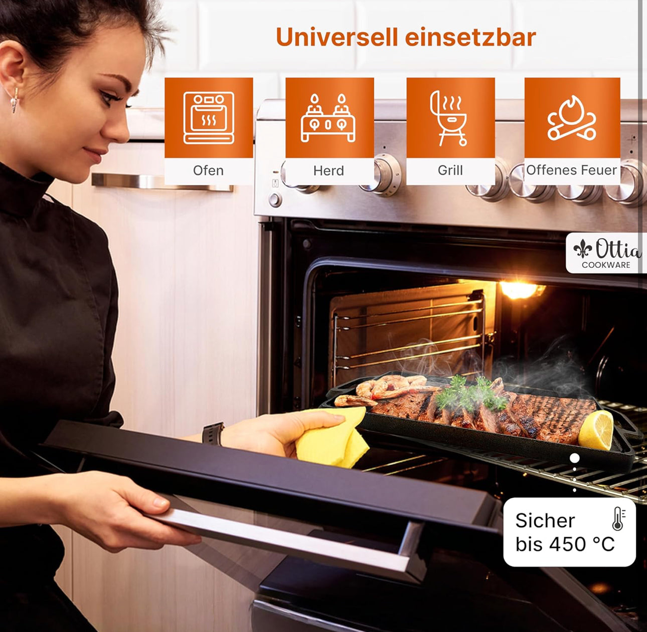 Placă de Grătar din Fontă Ottia M (46 cm x 23 cm) - Utilizabilă pe Inducție, Cuptor și Toate Tipurile de Plite**