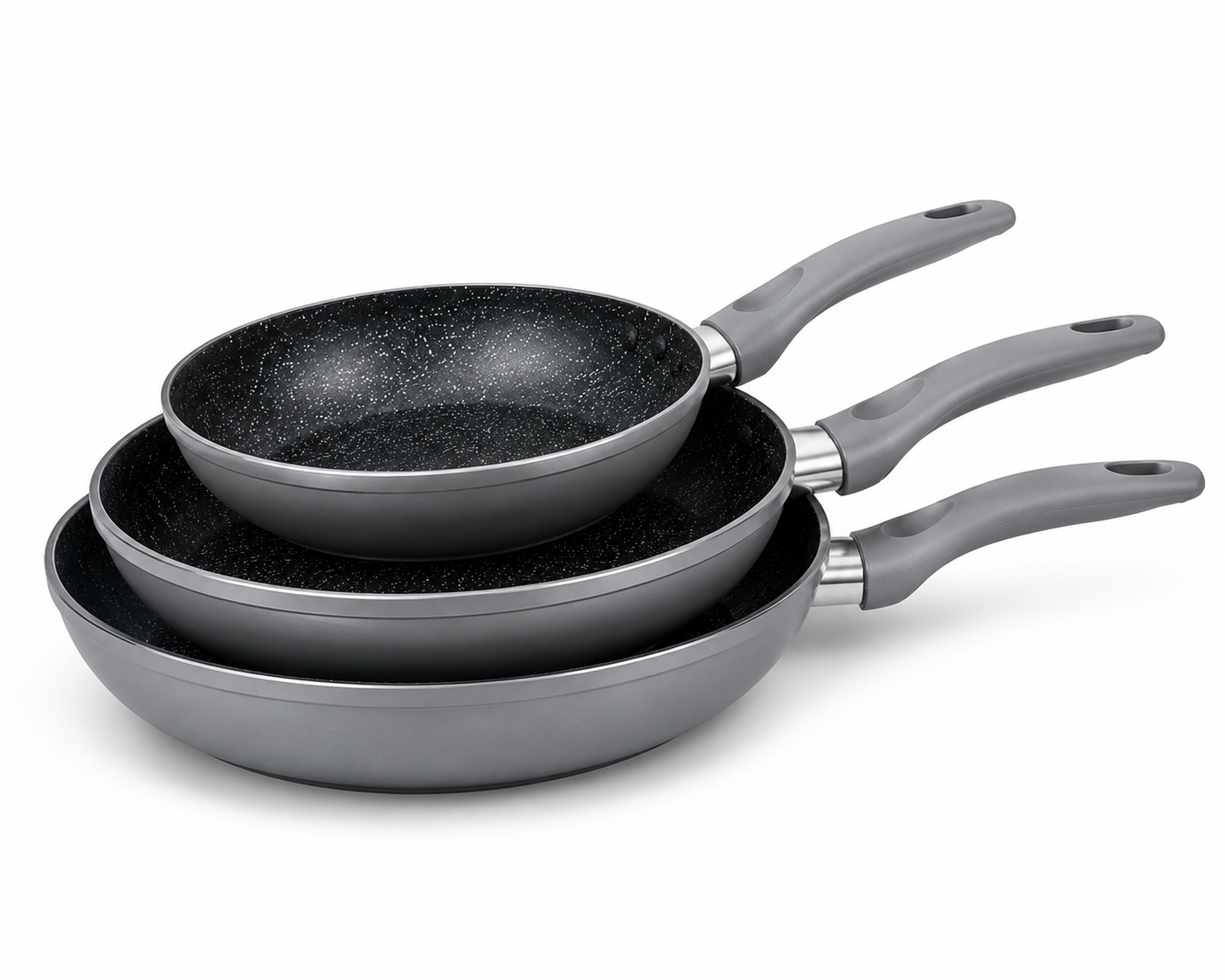 Set 3 Tigăi Premium cu Strat Marmorat – 20 / 24 / 28 cm | Compatibile cu Inducție | Gri