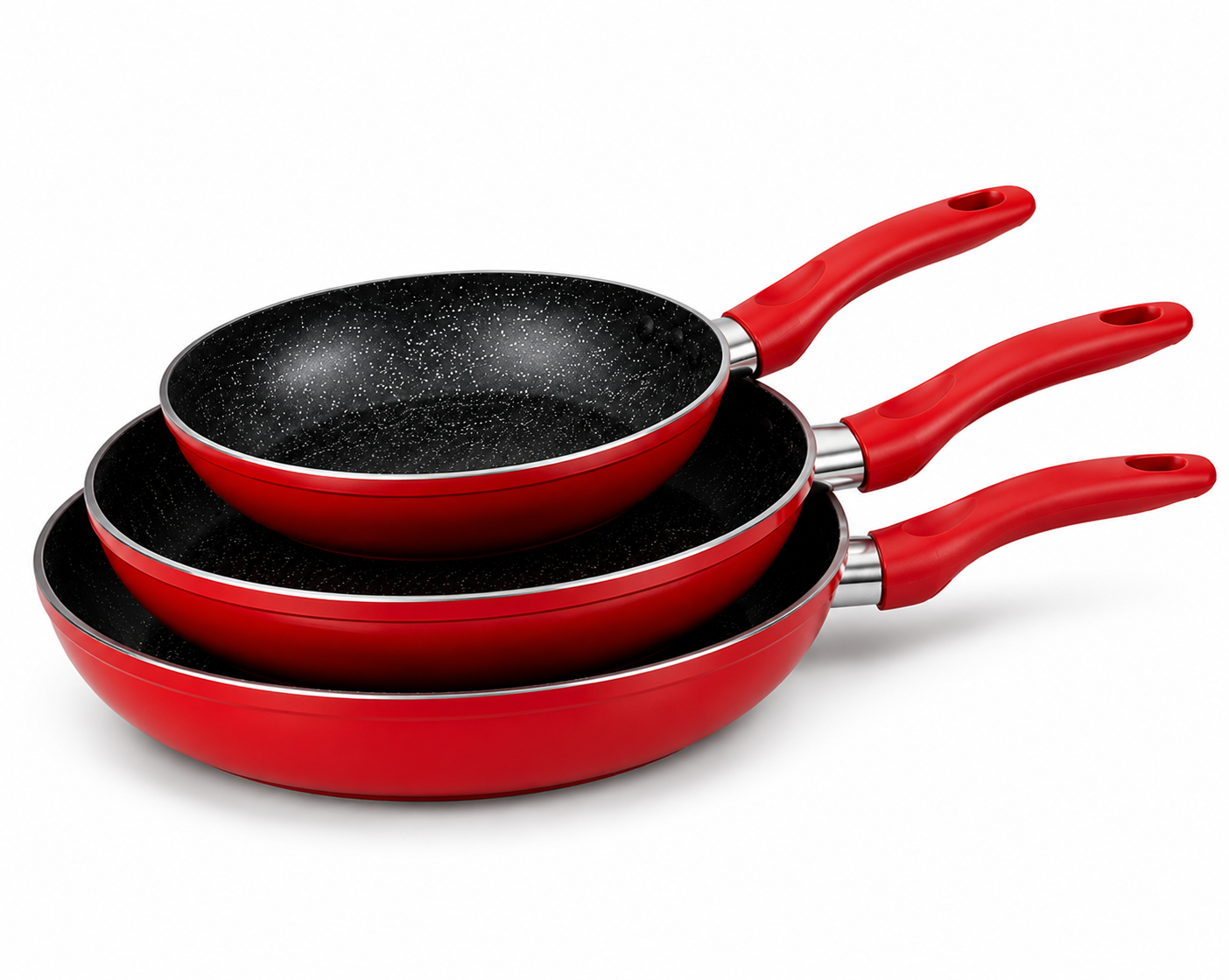 Set 3 Tigăi Premium cu Strat Marmorat – 20 / 24 / 28 cm | Compatibile cu Inducție | Roșu