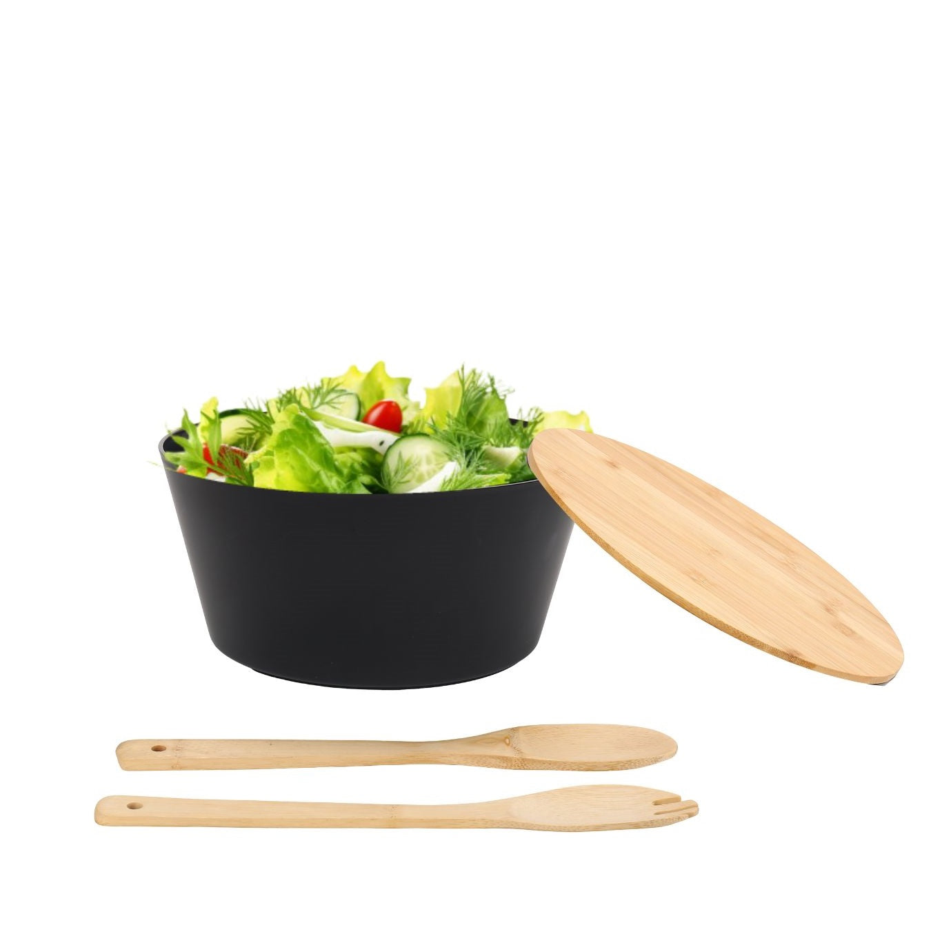 **Bol pentru Salată 4 piese cu Tacâmuri din Bambus - Furculiță și Lingură**