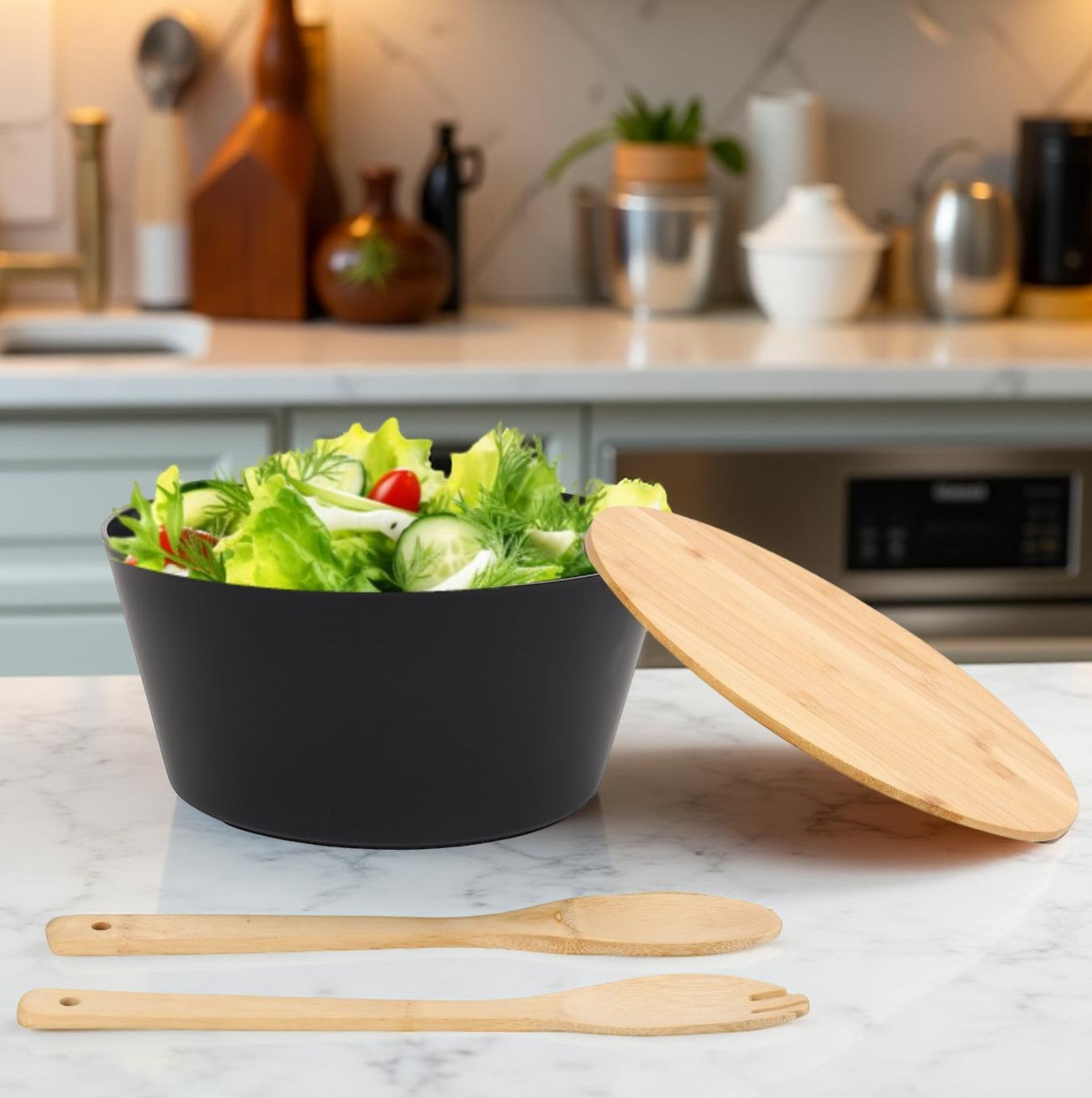 **Bol pentru Salată 4 piese cu Tacâmuri din Bambus - Furculiță și Lingură**