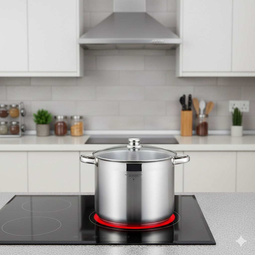 **Vas de inox cu fund dublu - 13,5L, compatibil cu toate tipurile de plite, inclusiv inducție**