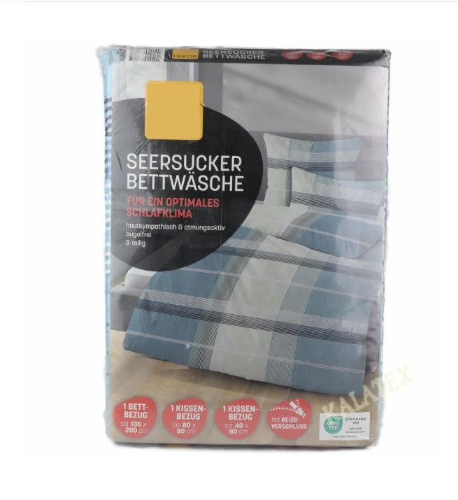 Set lenjerie de pat Seersucker 3 piese – albastru deschis, cu model în carouri