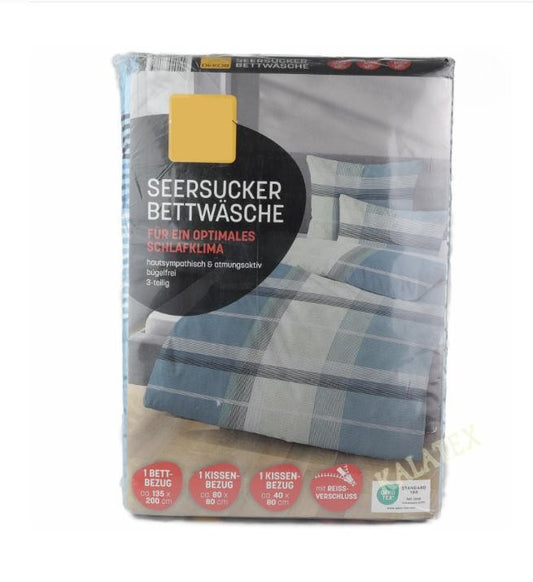 Set lenjerie de pat Seersucker 3 piese – albastru deschis, cu model în carouri