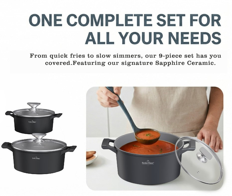 🍳 Set oale și tigăi 19 piese SwissHaus – Ceramică Sapphire antiaderentă, mânere detașabile, pentru toate plitele & cuptor ⚫
