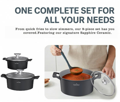 🍳 Set oale și tigăi 19 piese SwissHaus – Ceramică Sapphire antiaderentă, mânere detașabile, pentru toate plitele & cuptor ⚫