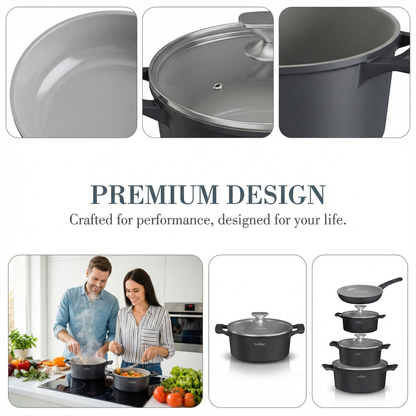 🍳 Set oale și tigăi 19 piese SwissHaus – Ceramică Sapphire antiaderentă, mânere detașabile, pentru toate plitele & cuptor ⚫