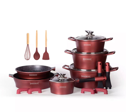 **Set de Vase de Gătit 17 Piese - Marmor Antiaderent cu Mânere Detasabile, Compatibil cu Toate Tipurile de Plite, Inclusiv Inducție**