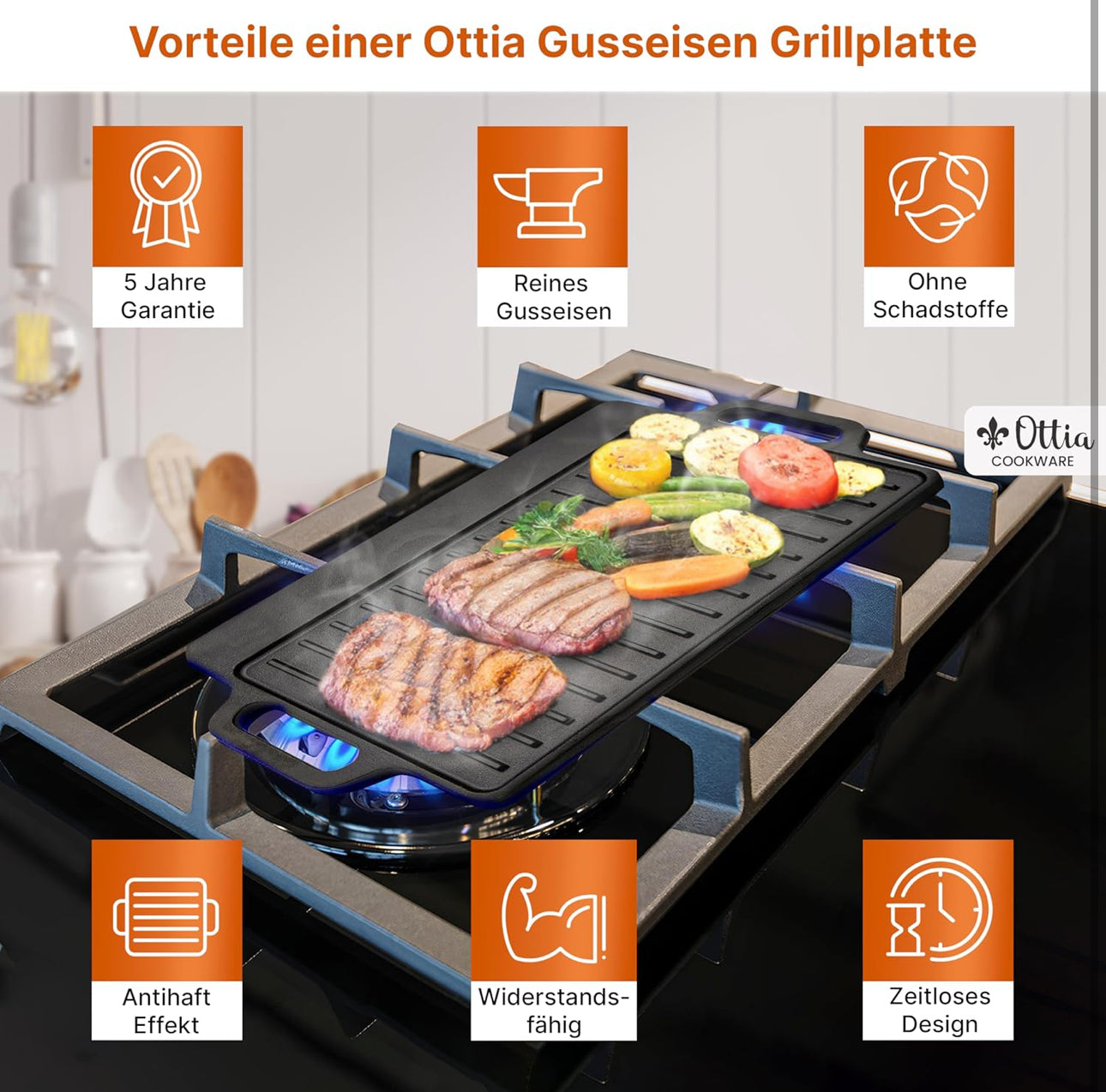 Placă de Grătar din Fontă Ottia M (46 cm x 23 cm) - Utilizabilă pe Inducție, Cuptor și Toate Tipurile de Plite**