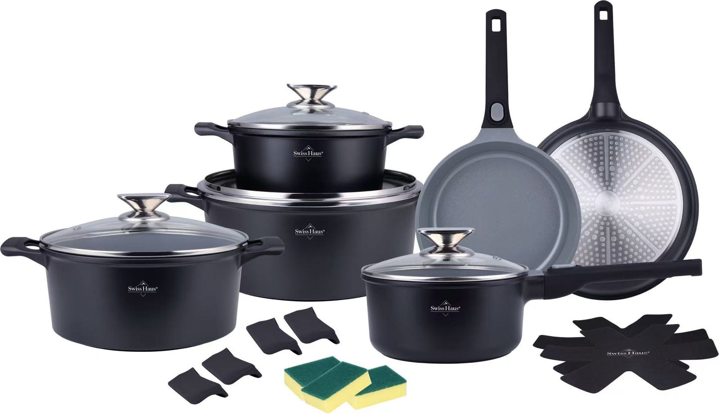 🍳 Set oale și tigăi 19 piese SwissHaus – Ceramică Sapphire antiaderentă, mânere detașabile, pentru toate plitele & cuptor ⚫