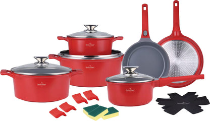 🍳 Set oale și tigăi 19 piese SwissHaus – Ceramică Sapphire antiaderentă, mânere detașabile, pentru toate plitele & cuptor 🔴