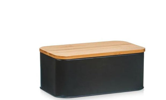 Cutie pentru Pâine din Metal cu Capac din Bambus – Design Modern, Negru – 31x18x12,5 cm