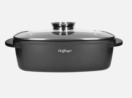 Cratiță dreptunghiulară 32 cm cu înveliș marmorat și capac din sticlă, 4,5 L – pentru inducție și cuptor