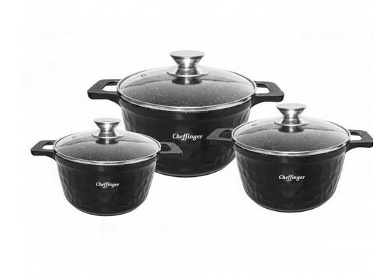 Set Oale Cheffinger 6 piese cu capace din sticlă | PFOA FREE | Culoare Negru Elegant