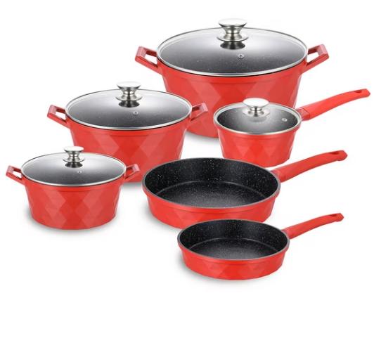Set Diamant  Tigăi și Oale 12 Piese cu Capace din Sticlă – Aluminiu Turnat, Antiaderent, Potrivit pentru Inducție și Toate Tipurile de Plite