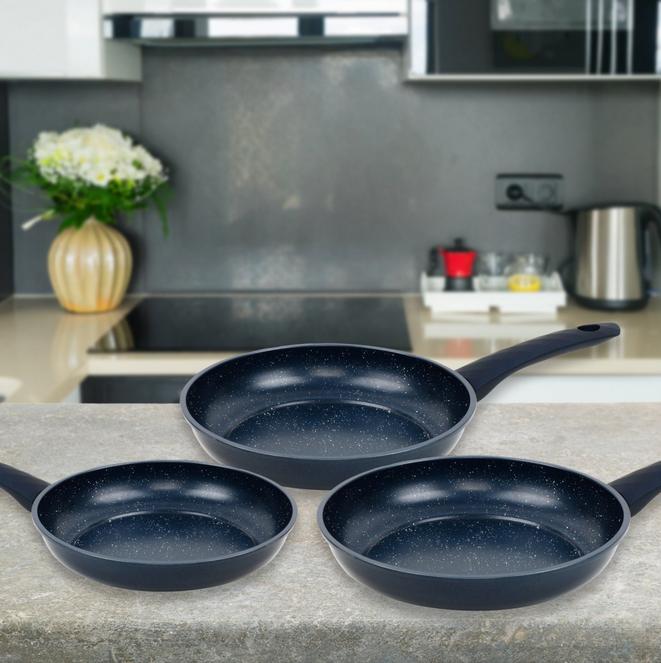 Set 3 Tigăi Herzberg cu Înveliș Marmorat – Albastru