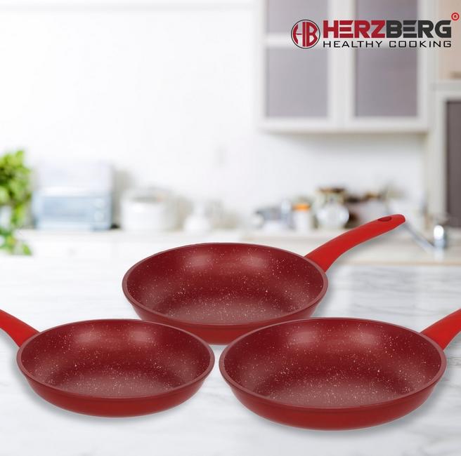 Set 3 Tigăi Herzberg cu Înveliș Marmorat – Roșu